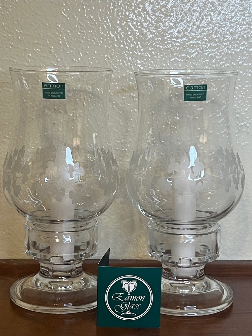 Pair of Vintage Eamon, Hand Engraved, Shamrock, Hurricane Candle Glass Lamps.